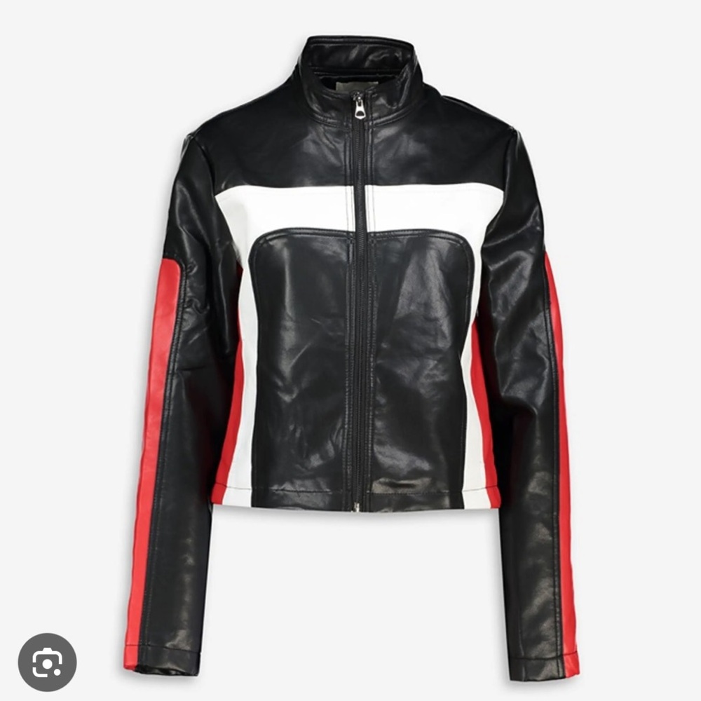 Stoosh motorcycle Black, Red, and White Leather Jacket
